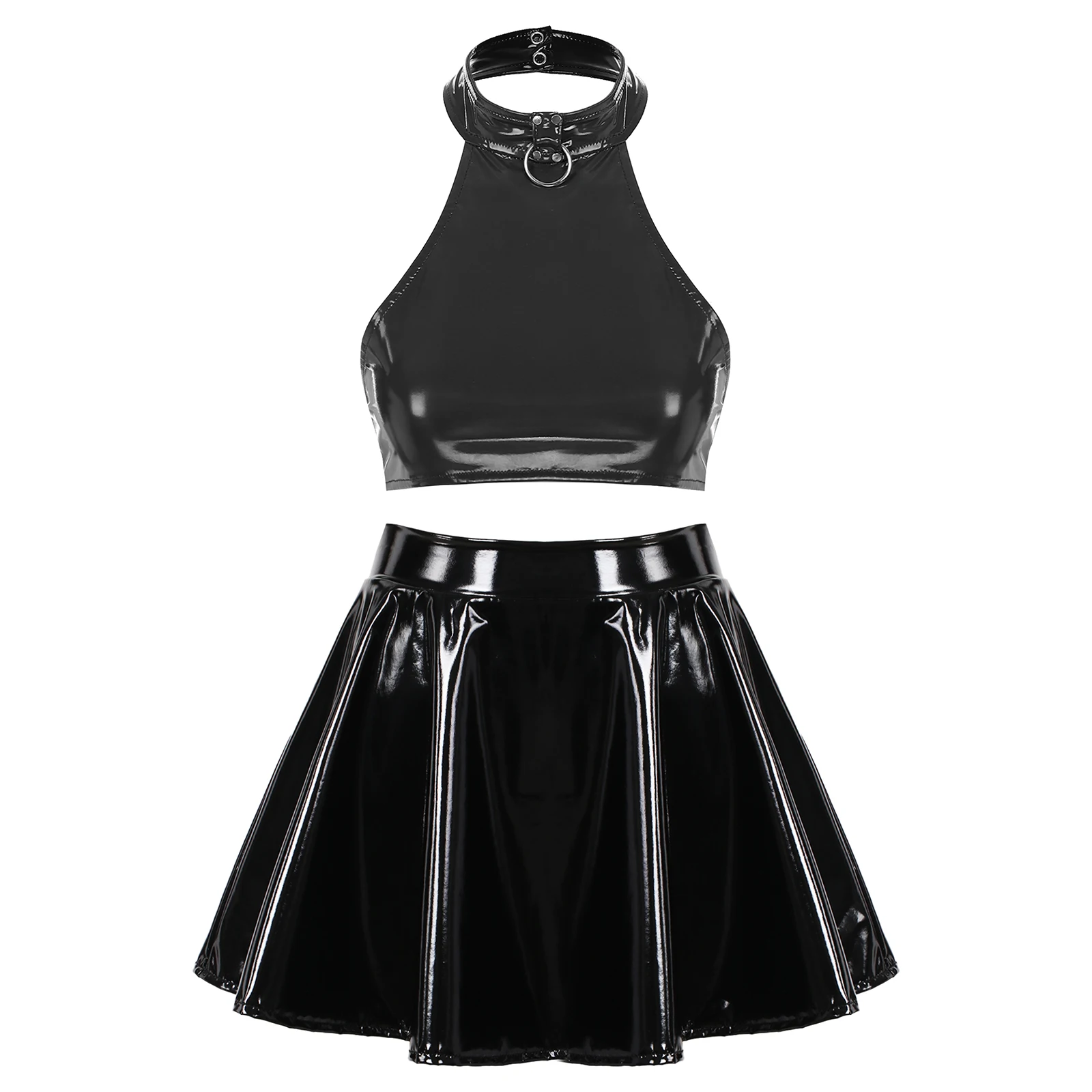 thumbnail image 1 of Top corto de charol para mujer con falda acampanada con cremallera Invisible, traje de baile en barra, ropa para discoteca, traje de fiesta Rave, 1 of 4