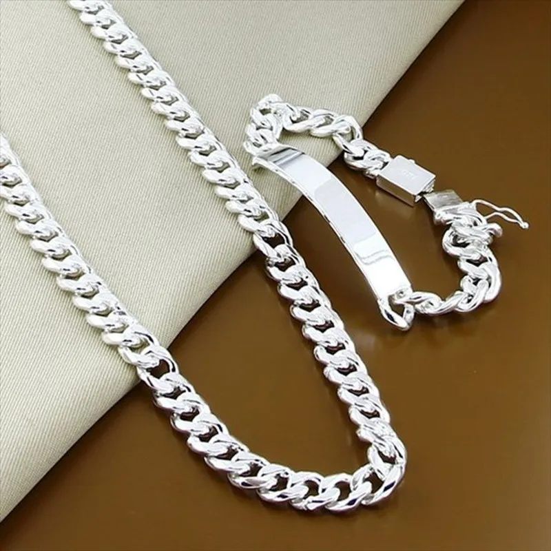 

Fine 925 Sterling Silver Solid 10MM Chain Necklace Bracelets Jewelry Sets Wedding party Gift Fashion for Men Women 50/55/60CM