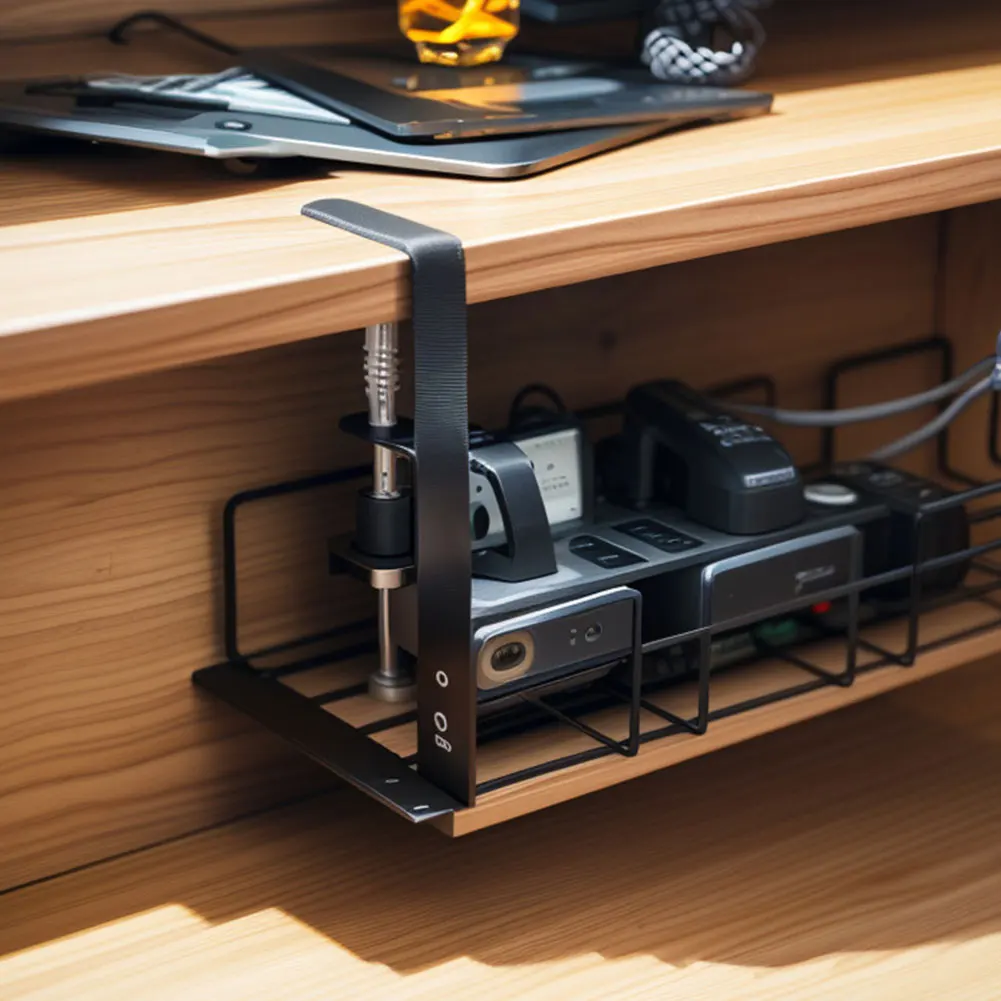 Undertable Storage Rack Metal Computer Desk Wire Organizer No Drill Under Desk Cable Management Tray Home Storage Accessories