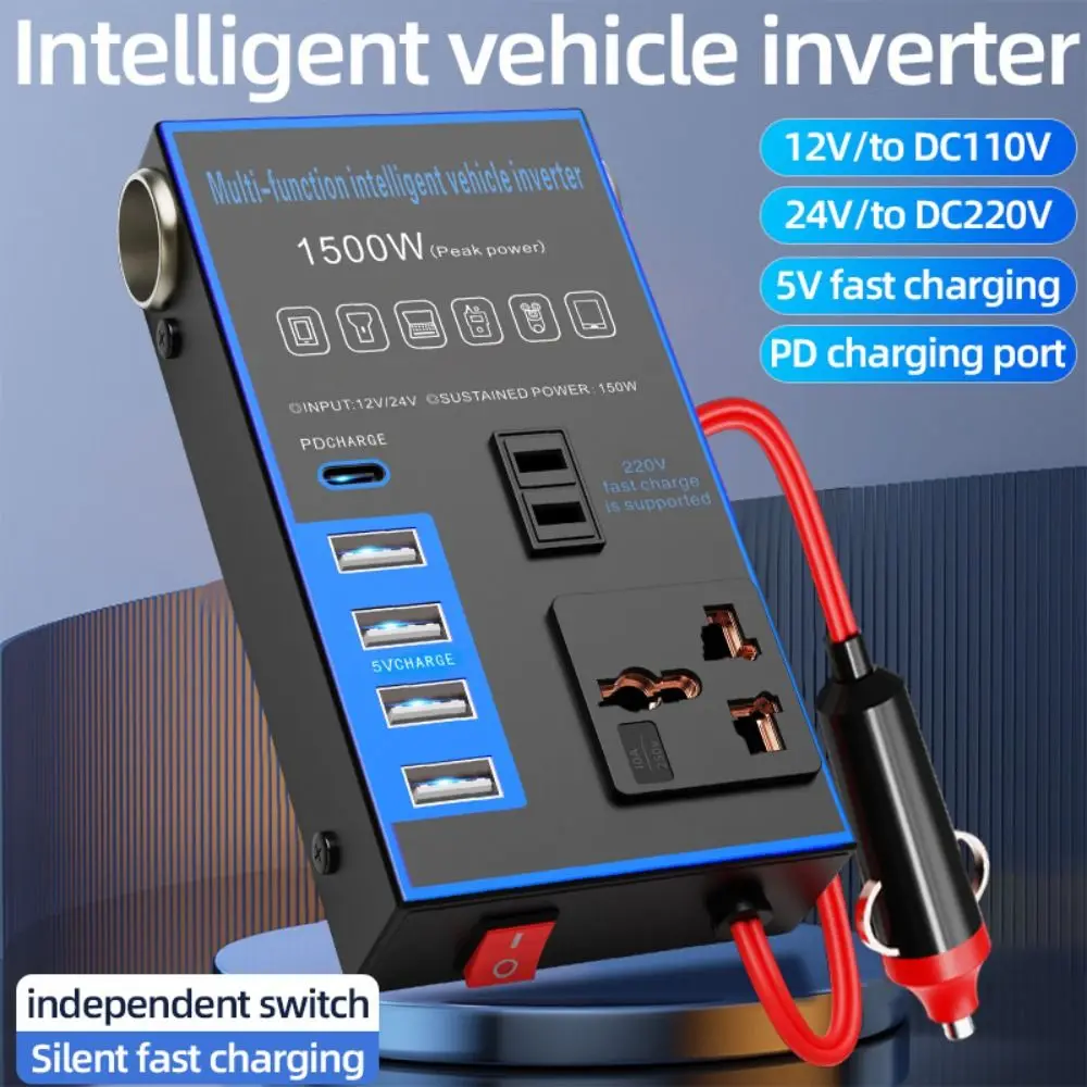 휴대용 범용 자동차 인버터 DC 12V/24V에서 AC 220V 고출력 자동차 변환기 소켓 4 USB/PD 1500W 전원 어댑터