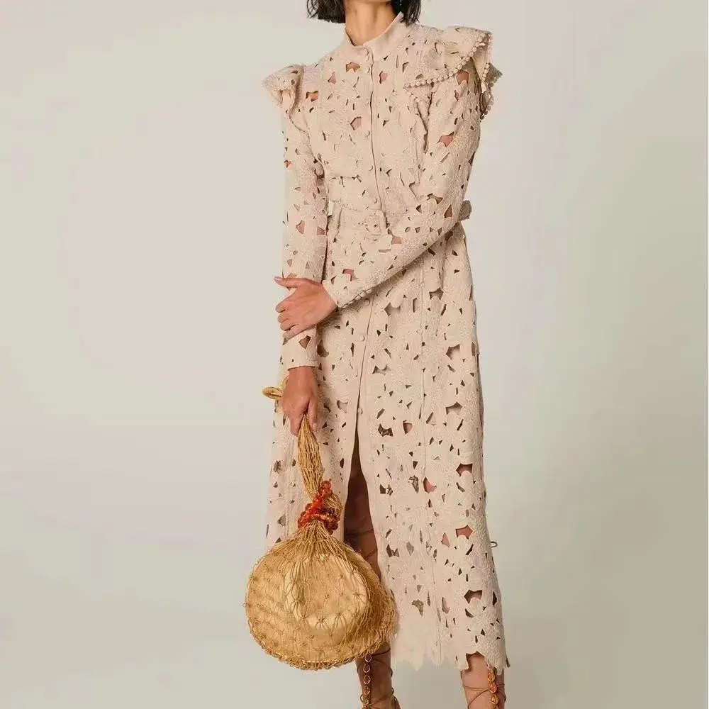 

French elegant water-soluble lace openwork and buttoned waist long-sleeved dress ladies' long skirt with belt.