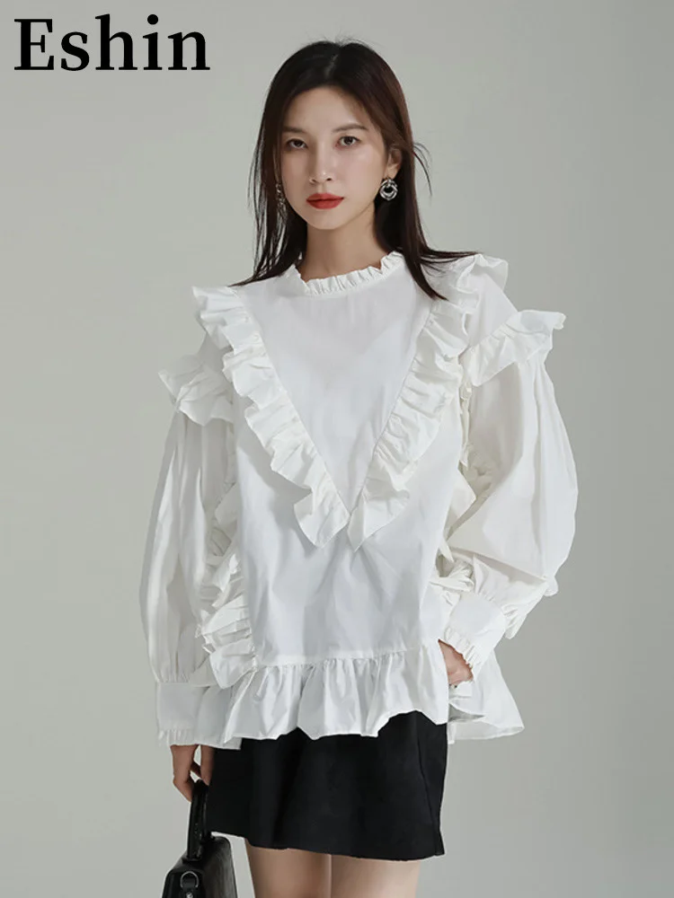 

Eshin 2023 Autumn Patchwork Sense Wooden Ear Edge Lantern Sleeve Loose Stand Collar Shirt For Women Fashion Blouse TH1459