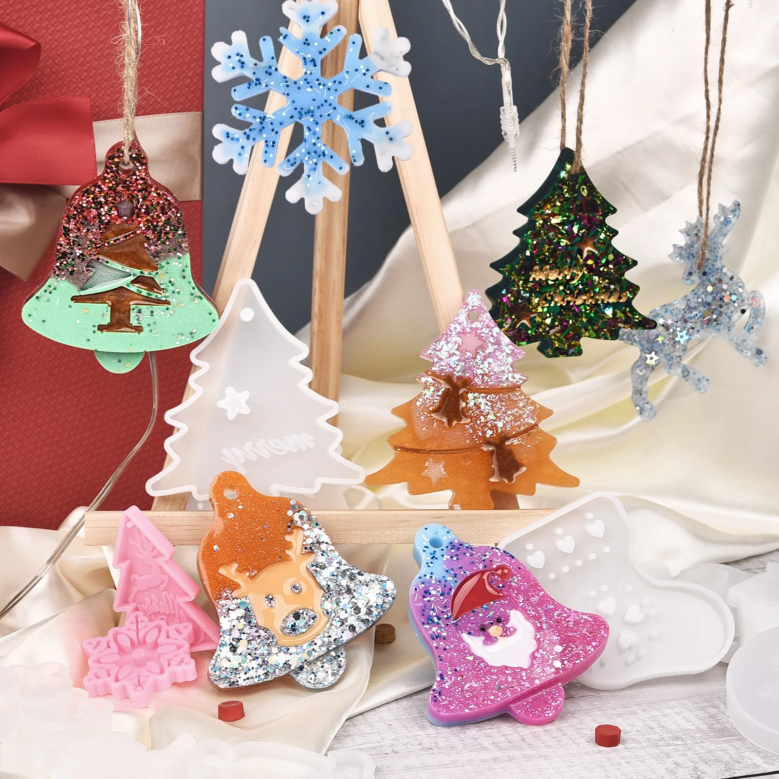 Molde De Silicona Para Adornos Navideños - Set De 5 Piezas Con Agujero Para Colgar
