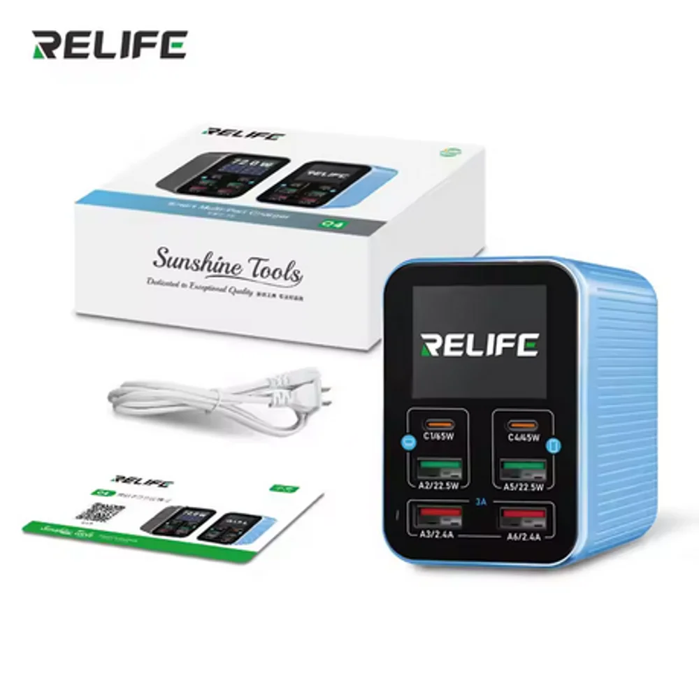 RELIFE Q4 72W 스마트 6포트 고속 충전기 2개의 PD 포트 + 2개의 QC3.0 포트 + 2개의 USB-A 포트, 다양한 전자기기용 스마트 슬립 모드