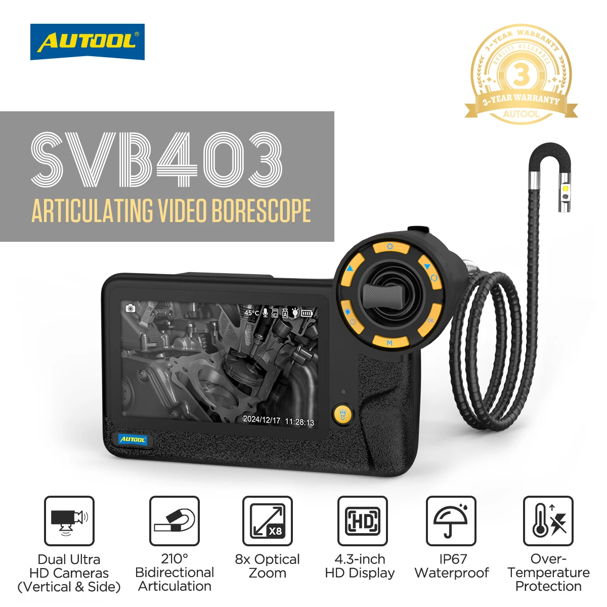 AUTOOL SVB403 듀얼 카메라 관절형 비디오 내시경 4.3인치 210 °   32GB Memroy Card1080*720 HD를 갖춘 회전 검사 카메라