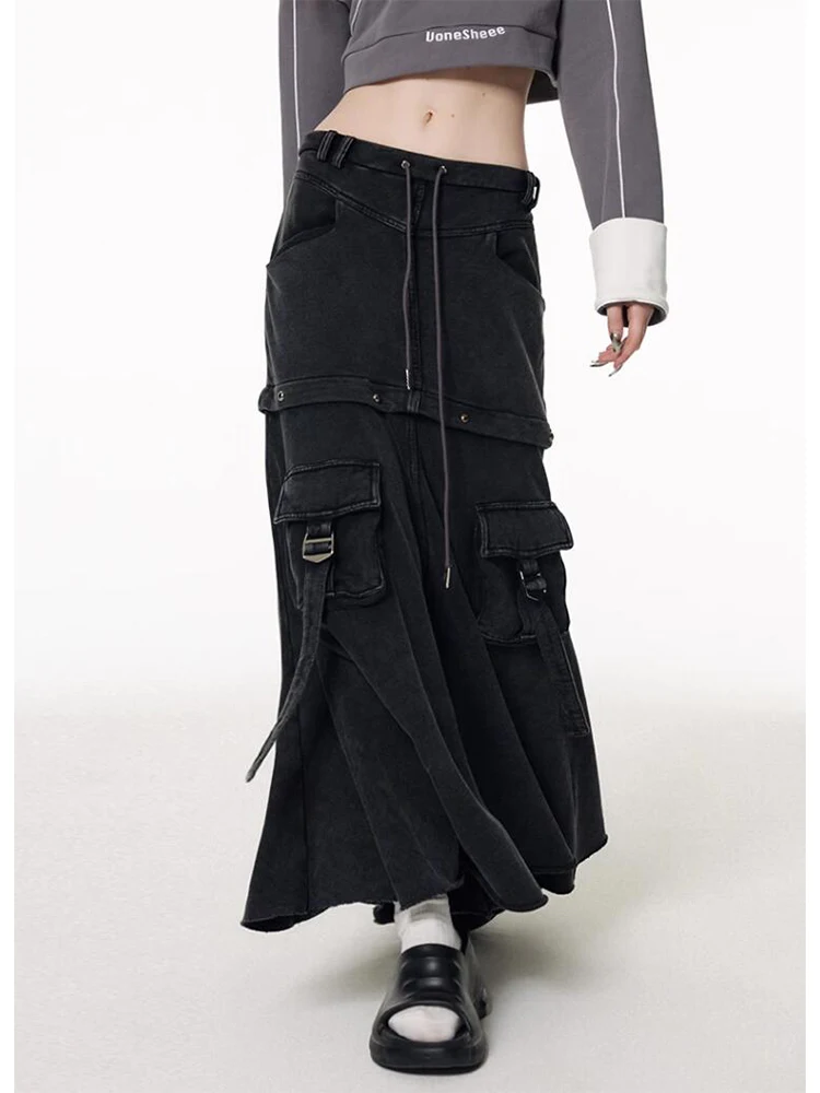 

Women Black Gothic Cargo Denim Skirt Vintage A-Line Jean Skirt Harajuku Y2k 90s Aesthetic Elegant Long Skirt 2000s Clothes 2024