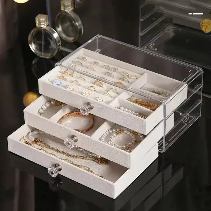 Elegant Three-Tier Velvet Jewelry Organizer with Large Drawer for Dust-Proof Display and Storage