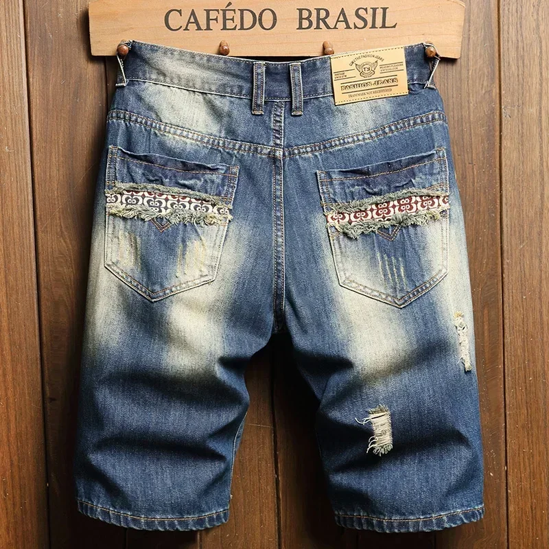 2025 Summer Ripped Denim Shorts Jeans Men's Five Quarter Loose Size Medium Pants Fashion Brand Personality Beggar 2