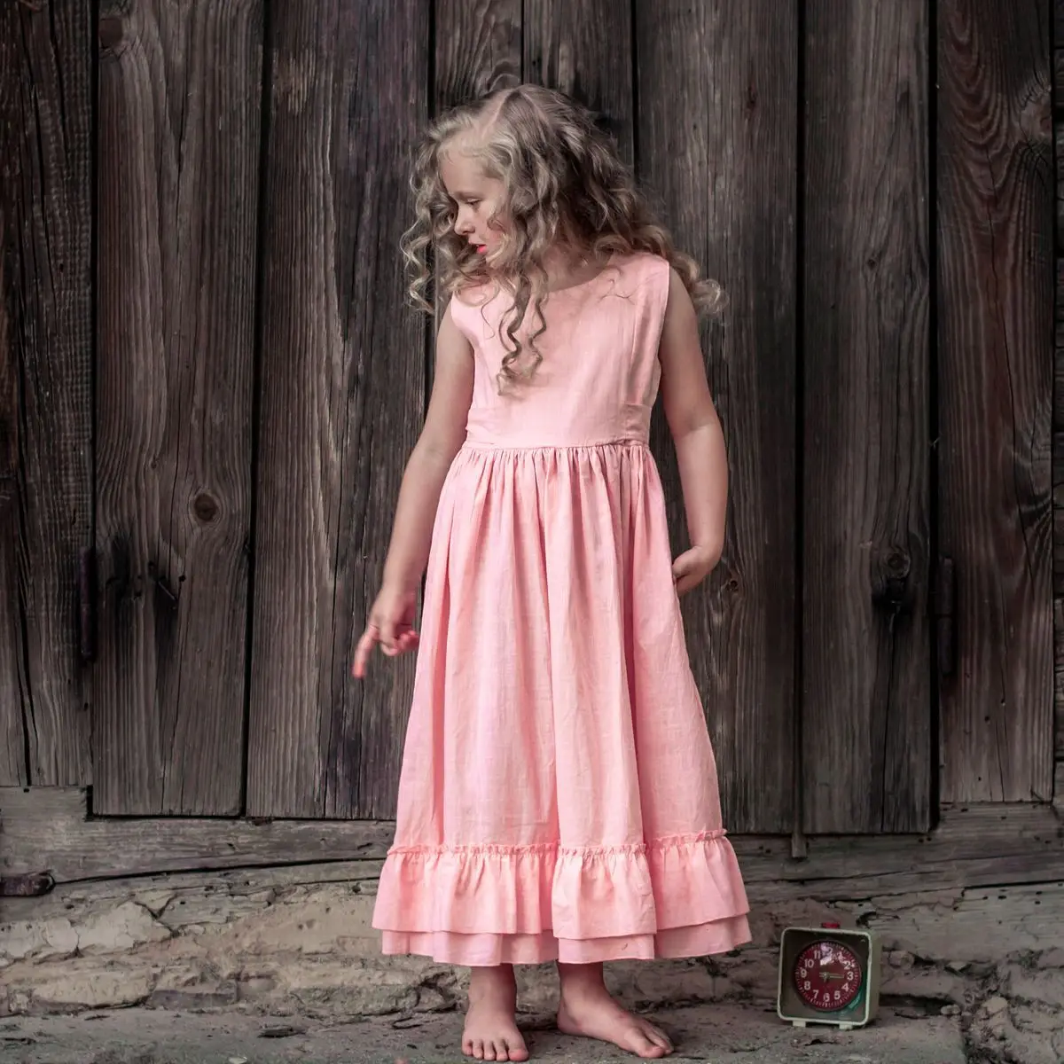 Summer Spring New Girl Cotton Linen Long Dress Kids Princess Casual Dresses Pink & White Girls Children Clothes