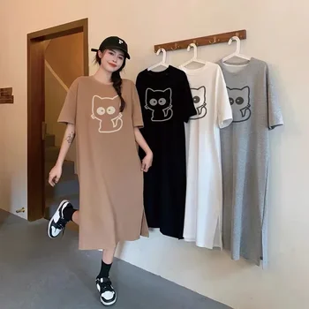 Cartoon Cat Print Short-sleeved Women's New Summer And Autumn Loose Round Neck Home DressFashionable Loose Maternity Dress