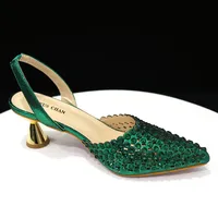 Venus Chan High Heels for Lady 2023 Luxury Designer Green Color Full Diamond Pointed Toe Wedding Shoe and Bag Set for Party 3