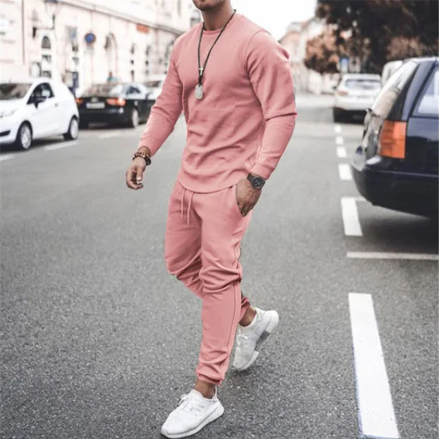 Sportswear Sumer Men's Set Solid Color Tracksuit Sports Suits Male Sweatsuit Long Sleeves T shirt +Pants Printing 2 pc sets 1