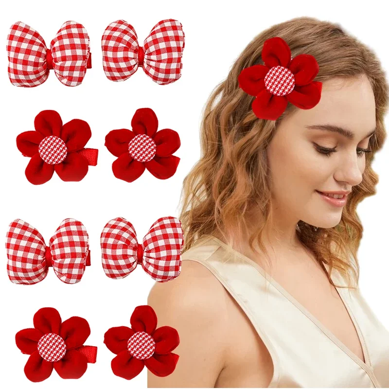 ncmama 4Pcs/sety New Red Plaid Hair Bow Clips for Women Girls Cute Flannel Flower Hairpin Barrettes Headwear Hair Accessories
