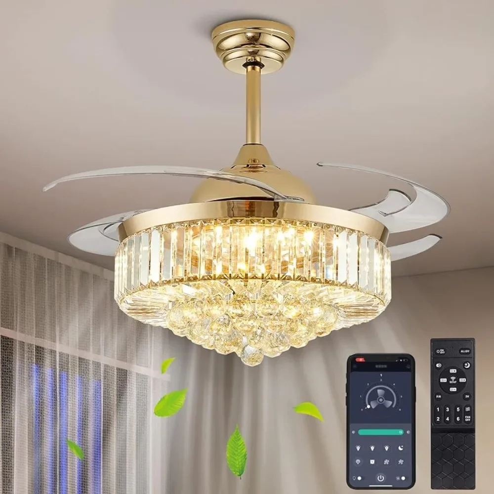 

48" Crystal Ceiling Fan with Light and Remote Crystal Fandelier LED Dimmable Chandelier Fan with Invisible Reversible Fan Blades