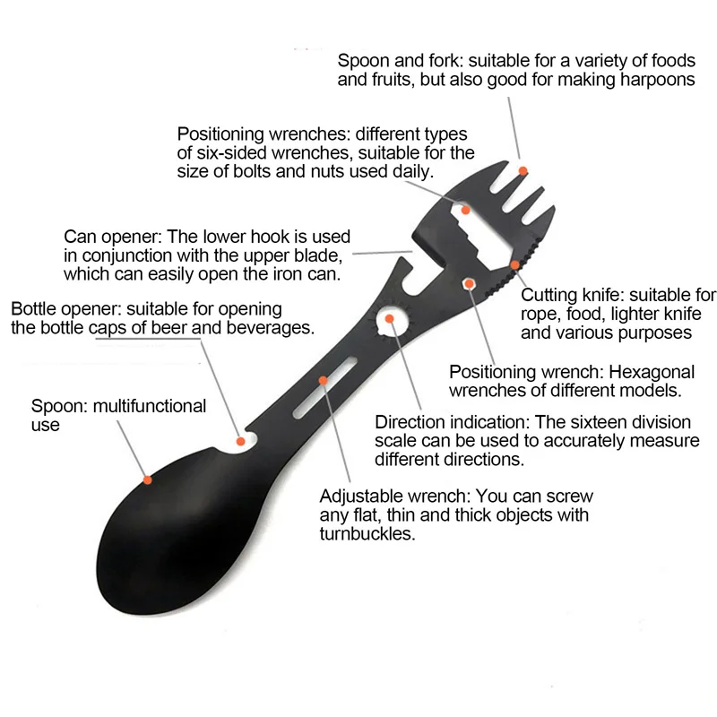 1x Camping Fork Spoon Multi function Stainless Steel Cutlery 5 In 1