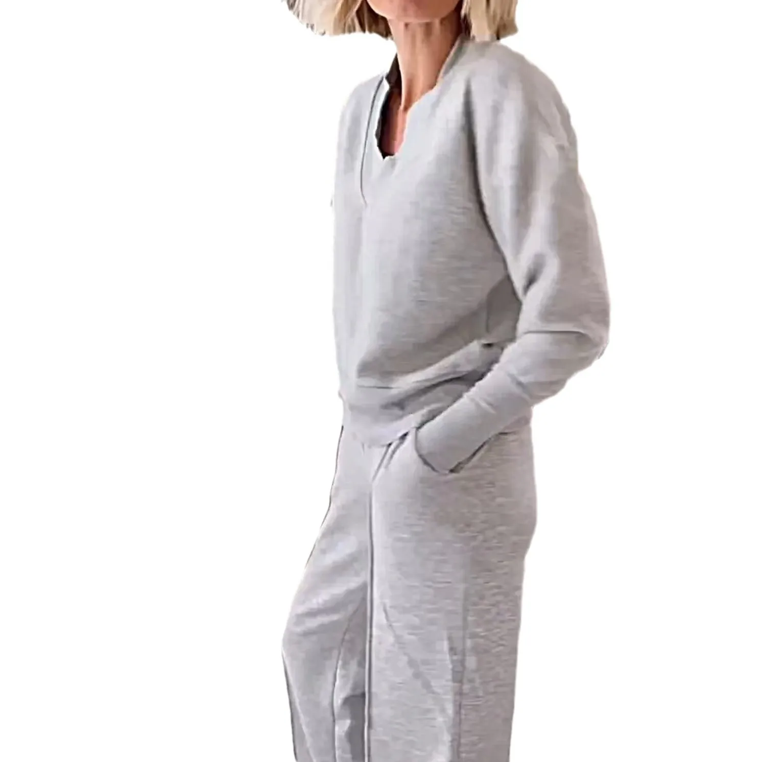 Women Two Piece Autumn Spring V Neck Blouse and Wide Leg Pant Suits