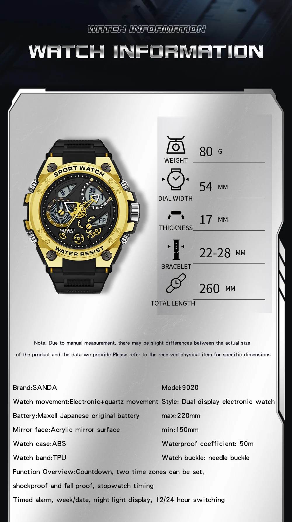 2024 Watch Multi-Function Fashion Trend Outdoor Luminous Alarm Clock Water proof Shockproof Sanda Men's Sanda Men's Watch 9020