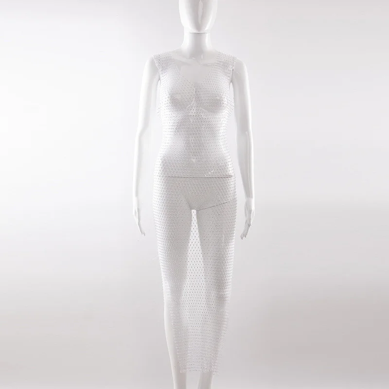 Transparentes, ausgeschnittenes Netzkleid mit glitzerndem Diamant, V-Ausschnitt, sexy Strandkleider mit Schlitz, solides Netz, hohl, durchsichtige Strasssteine, Vestidos – Detail 7