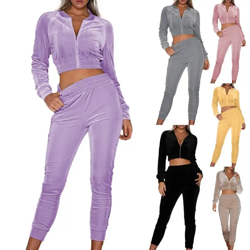 

Woman Velvet Sport Suits Long Sleeved Hoodie Pants Suit Velvet Soft Adjustable Elastic Sportswear Daily Wear Casual 2021