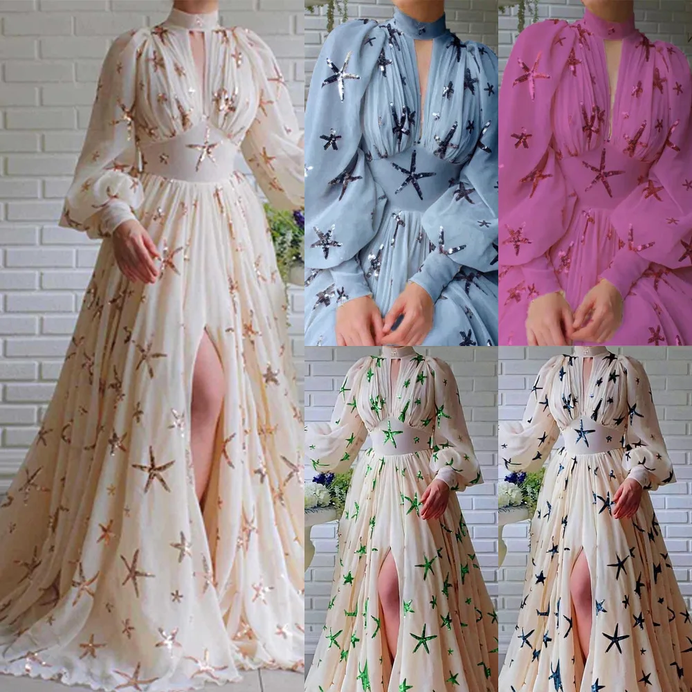 

2023 new semi-high-necked sequin slit lantern sleeve dress chiffon dress