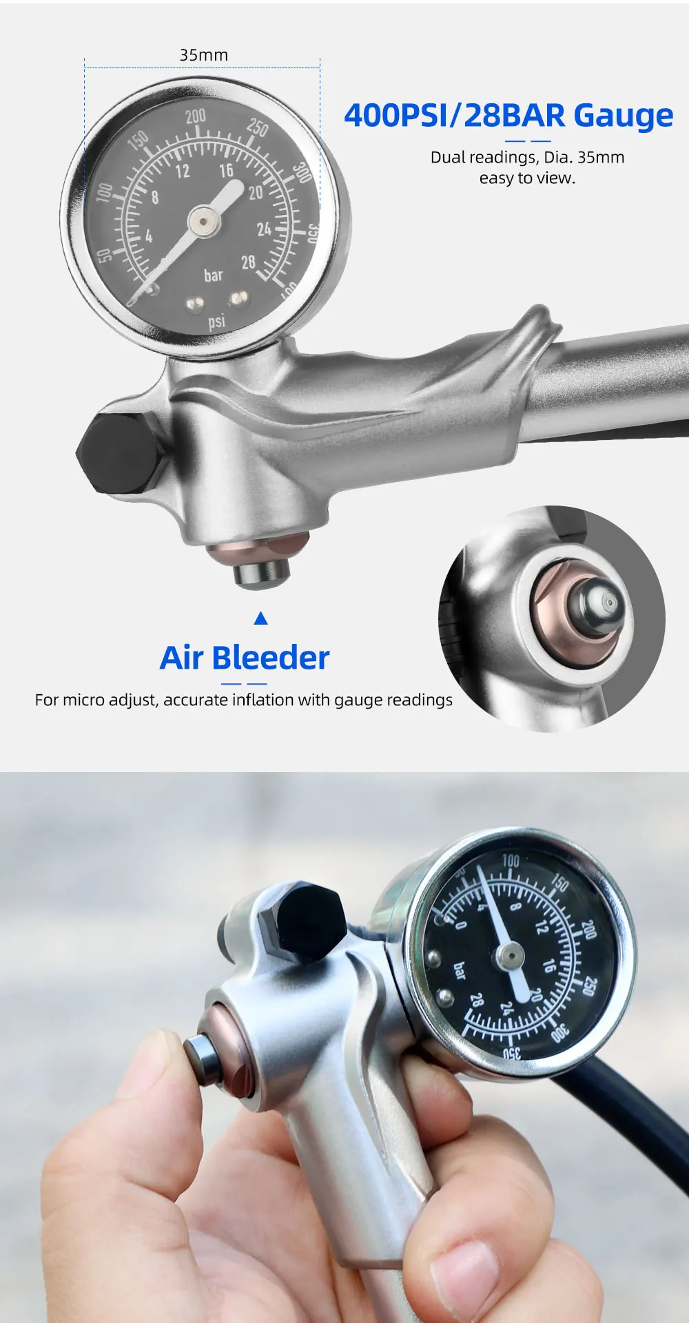 Description Picture 6 of item400psi High Pressure Air pump with Gauge for Front Fork Shock Absorber MTB Bicycle Presta Schrader Valve Inflator Rotatable Hose