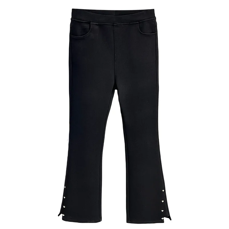 

Winter 100KG Fleece-lined Warm Thickened Micro Flare Pants Plus Size Women's Casual Rivets Black Slim Bottoms 1730