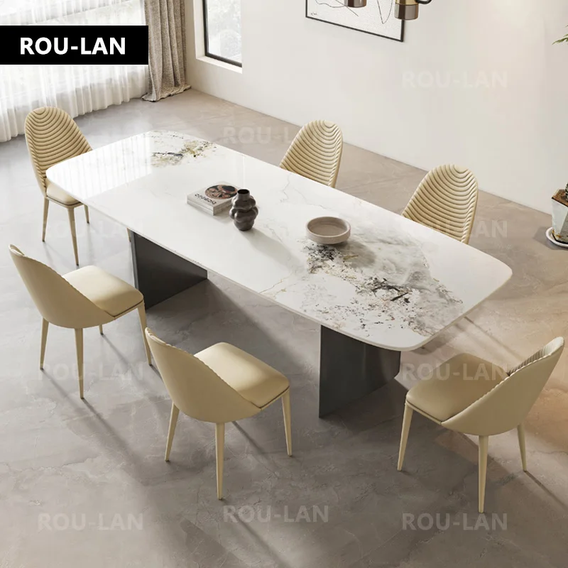 

Modern Rock Slab Dining Table Light Luxury Super Crystal Stone Dining Table Marble Rectangular Pole Dining Table