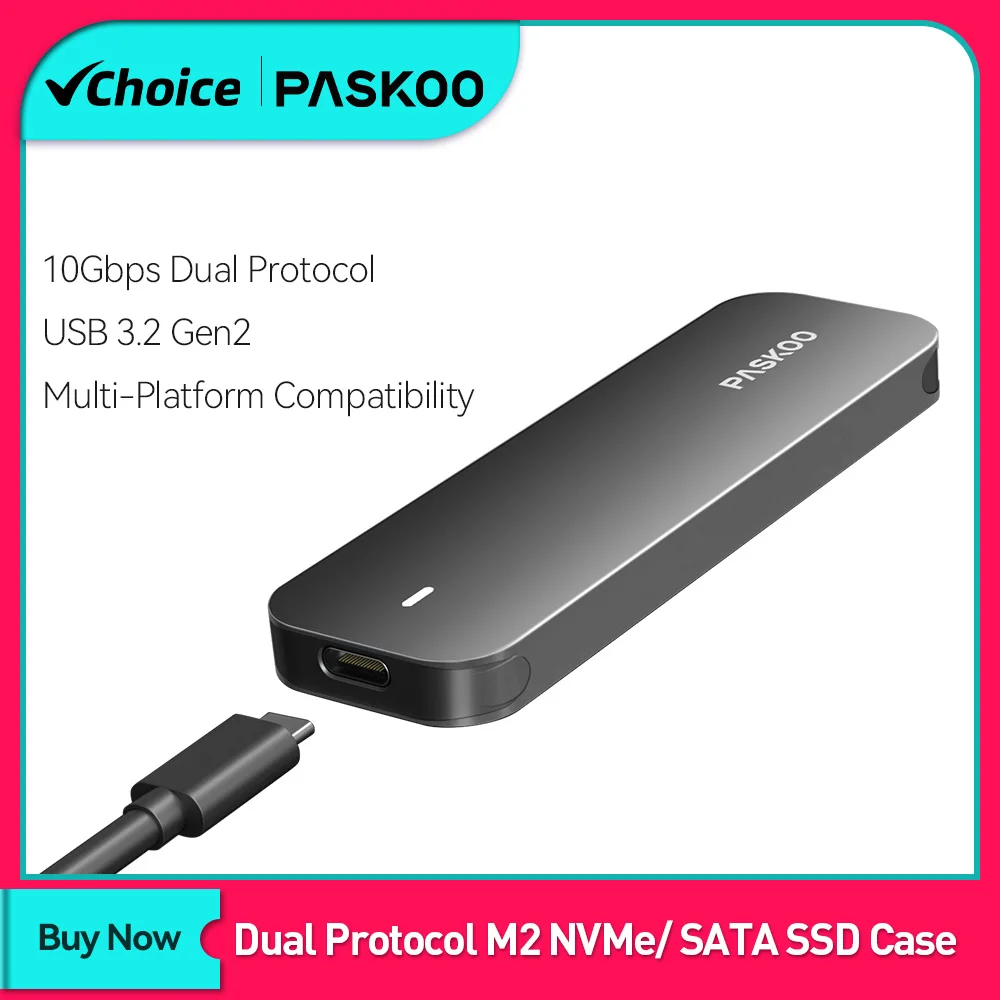 PASKOO M2 SSD Case NVME SATA Dual Protocol M.2 to USB Type C 3.1 SSD Adapter for NVME PCIE NGFF SATA Disk Box M.2 Case