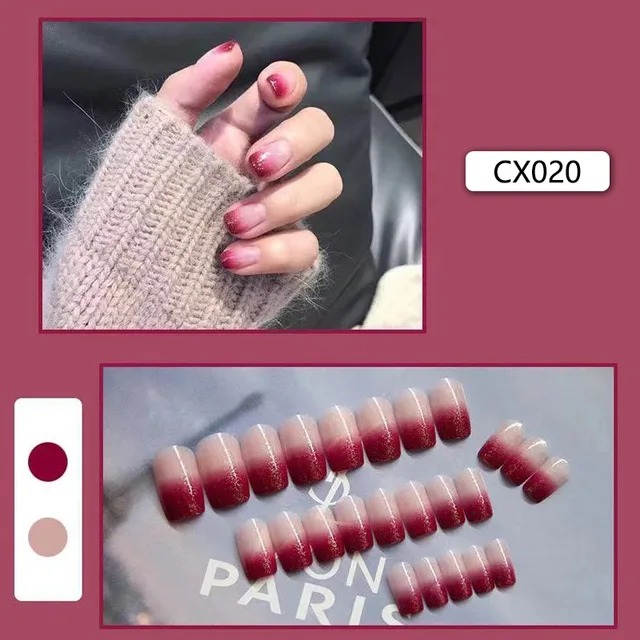 24pcs/box Fake Nails Press on Short Reusable with Designs Set French Artificial Pink False Tipsy Stick-on Nails Tips Art CX020