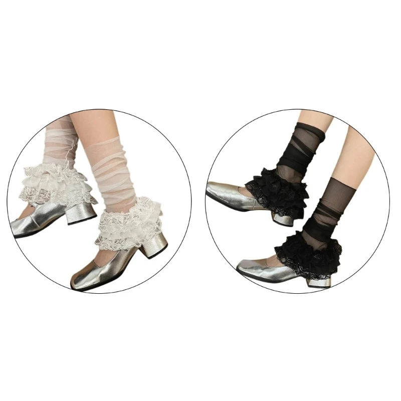 

Women Mesh Leg Warmer Tiered Ruffle Lace Sheer Loose Long Sock Leg Cover Sleeve Drop Shipping