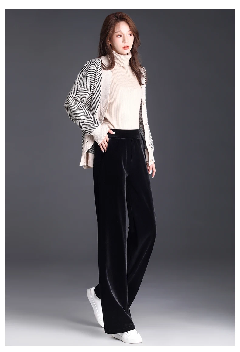 Korean style blue velvet wide leg pants for women in spring and autumn, high-end fashion, loose fit, plus size casual pants