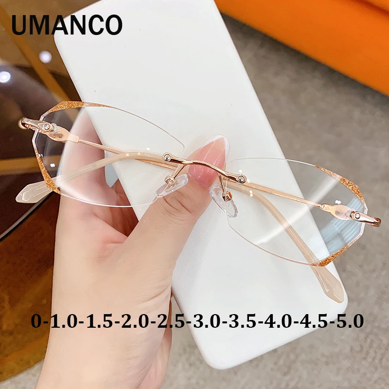 

Irregular Rimless Rhinestone Anti Blue Light Myopia Glasses for Women Fashion Alloy Computer Glasses Frame Prescription Eyewear