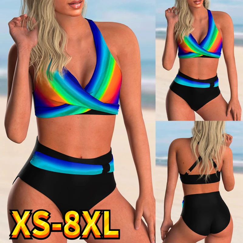 

2022 Women Sexy High Waist Rainbow Print Two Pieces Bikini Set Female Tankinis Summer Brazilian Beach Swimwear New