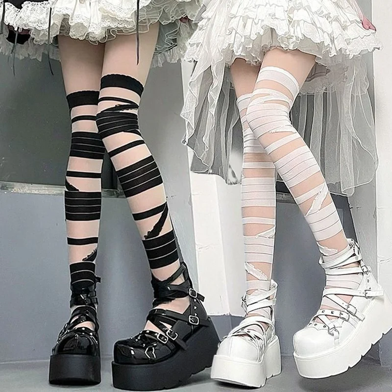 

Girls Sweet Stockings Sexy Lace Mesh Fishnet Stockings Knee High Socks Bandage Hollow Out Bandage JK Lolita Kawaii Long Socks