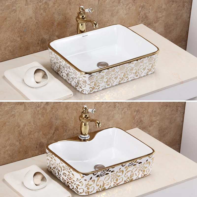 

European Style Gold Platform Basin Household Bathroom Sinks High Temperature Ceramic Gold Washing Sink Hotel Bathroom Washbasins