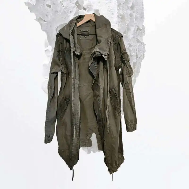 HKSH Spring New Men Tide Waste Land Punk Asymmetric Deconstruction Silhouette Trench Hooded Dyeing Vintage Cotton Jackets HK4207