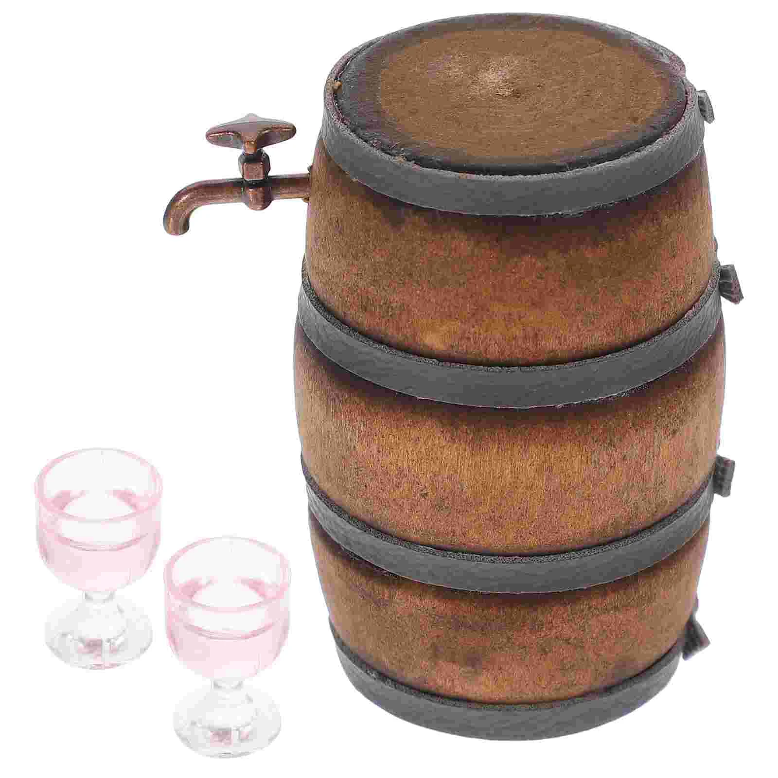 Miniature Wine Barrel Set Miniature Wooden Beer Barrel Wine Barrel Model Miniature Wine Glasses Goblet Cups Fairy Garden Pub wooden display risers 3 layers glasses display stand jewelry holder stand wood organizer tray for cabinet desktop