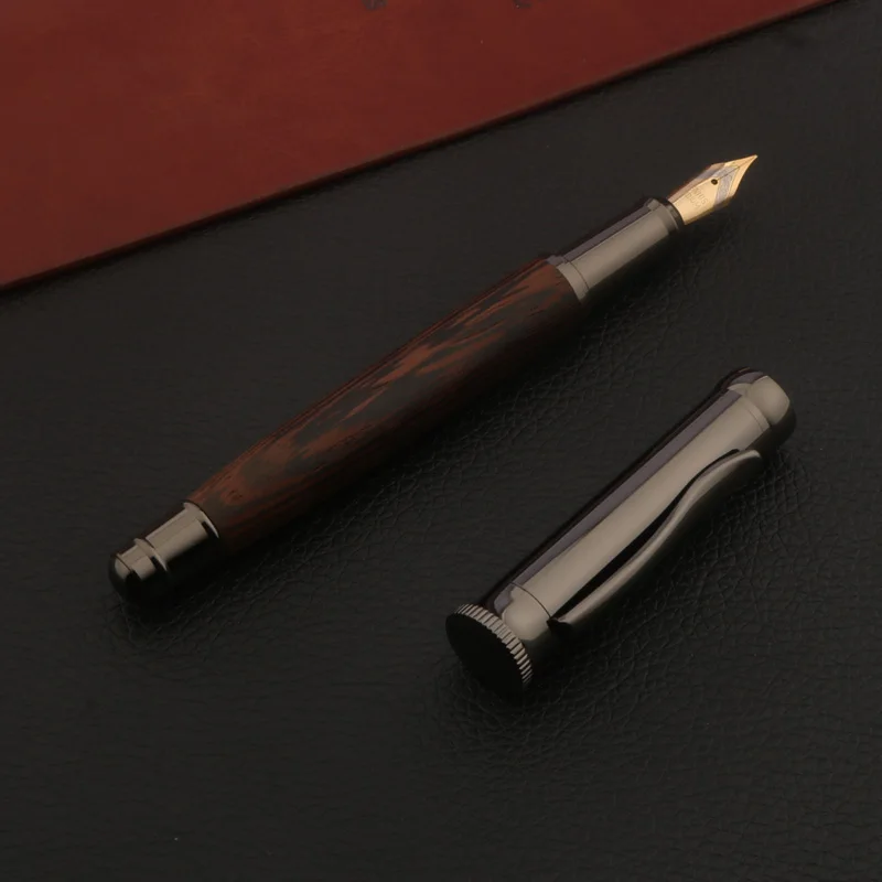 Fountain pen with tiger pattern finish photographed from side angle