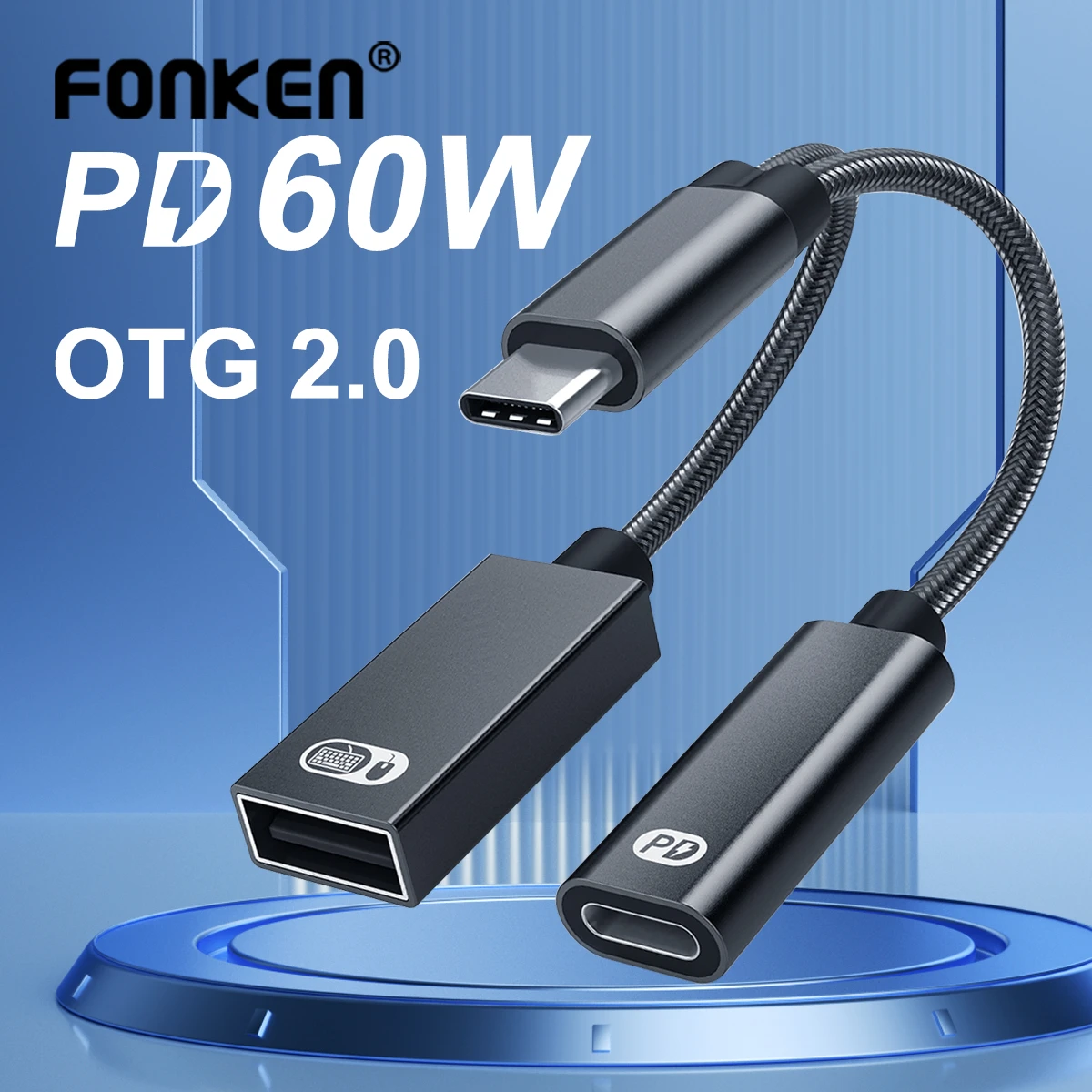 2 in 1 USB C OTG Cable Phone Adapter Type C to USB A Adapter 60W PD