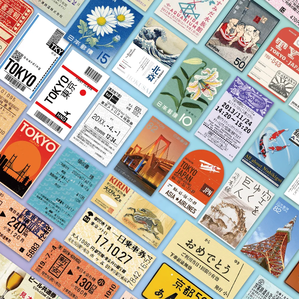60PCS INS Style Stamp Sticker Japanese Postcard Ticket Stationery Travel Diary Luggage Waterproof Helmet Stickers