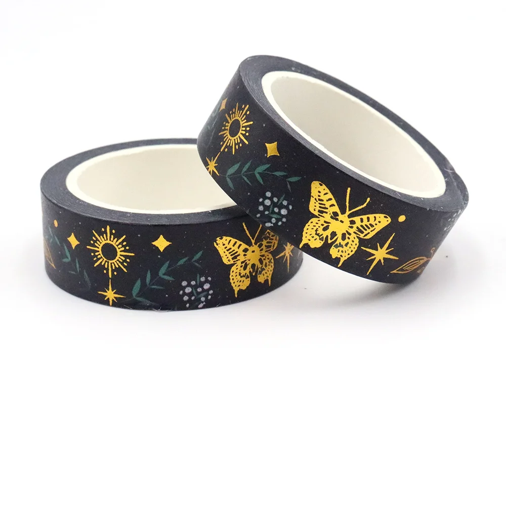 

1PC 15mm*10m Gold Foil Butterfly Floral Leaves Black Washi Tape Adhesive Stationery Office Supplies Washi Stickers