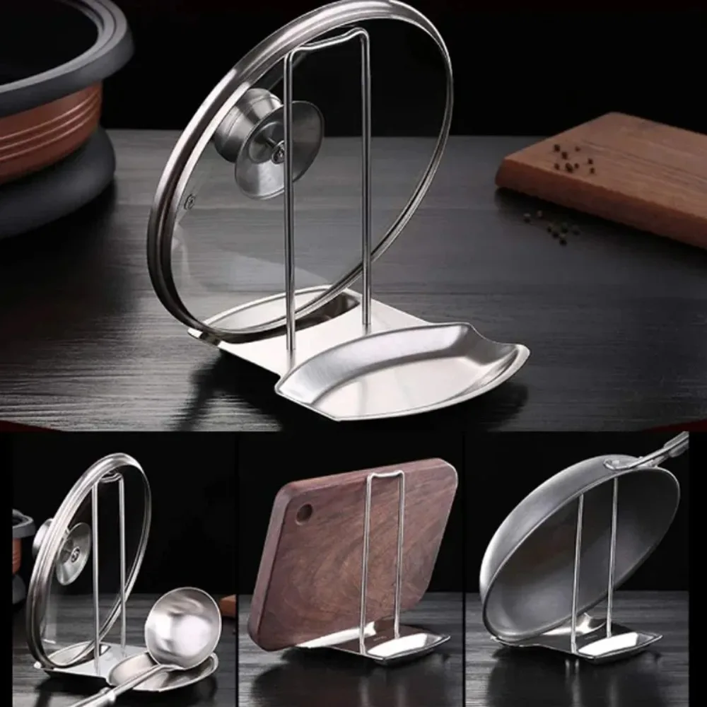 Stainless Steel Pan Pot Cover Stand Soup Spoon Holder Drain Rack Stove Organizer Storage Kitchen Accessories