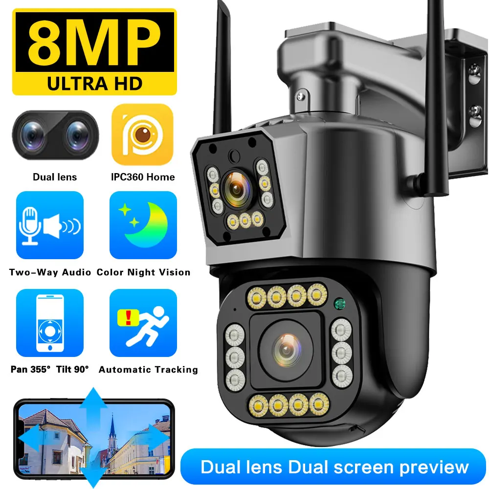 PTZ IP Camera 4K 8MP HD Outdoor Two Lens Dual Screen Wifi Surveillance Cameras Auto Tracking Security Protection IPC360 Home o kam 5mp wifi ip cameras outdoor surveillance 360°ptz control security protection cctv auto tracking night vision two way audio