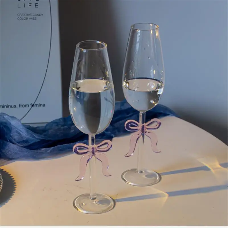 Creative Pink Bow Goblet Champagne Glass Transparent Simple Home Liqueur Cute Wedding Holiday Gift