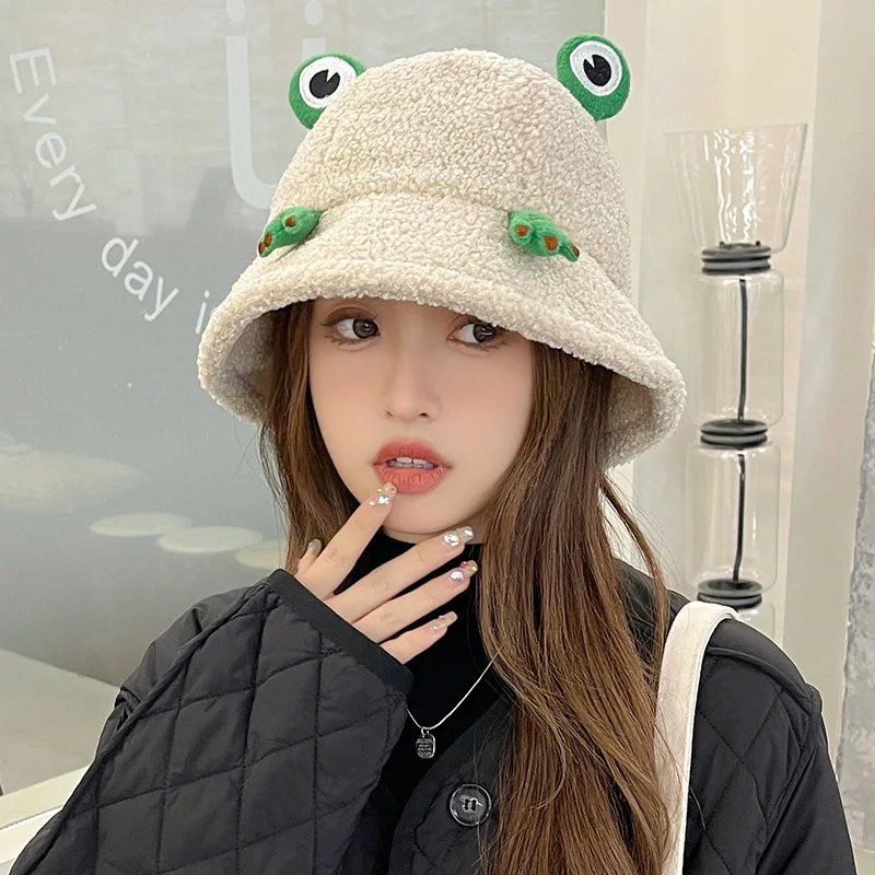 Fashion Winter Bucket Hat For Women Lamb Wool Cute Frog Fishman Hat