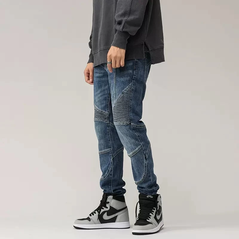 High Street Fashion Men Jeans Retro Blue Elastic Stretch Slim Fit Biker Jeans Men Spliced Designer Hip Hop Denim Pants Hombre