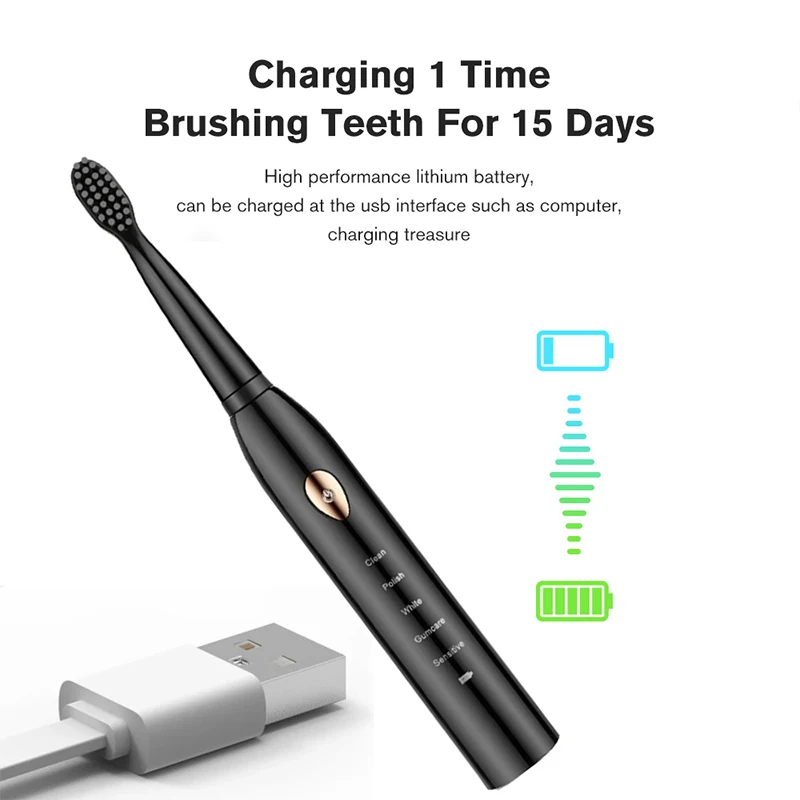 Clean Adult Black White Classic Acoustic Electric Toothbrush Adult 5-gear Mode USB Charging IPX7 Waterproof Acoustic Electric 2