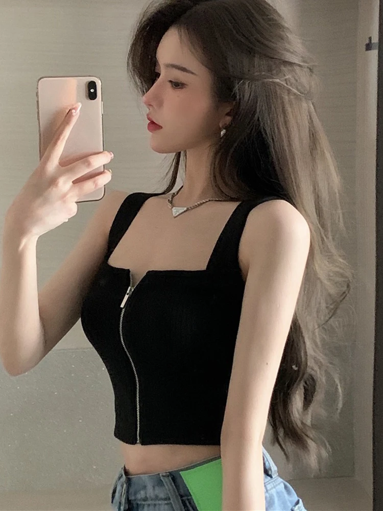 2025 Y2K قميص حريمي بسحّاب يطير قمصان محبوكة مثيرة للصيف تانك القمم بدون أكمام أنثى الصلبة المحاصيل