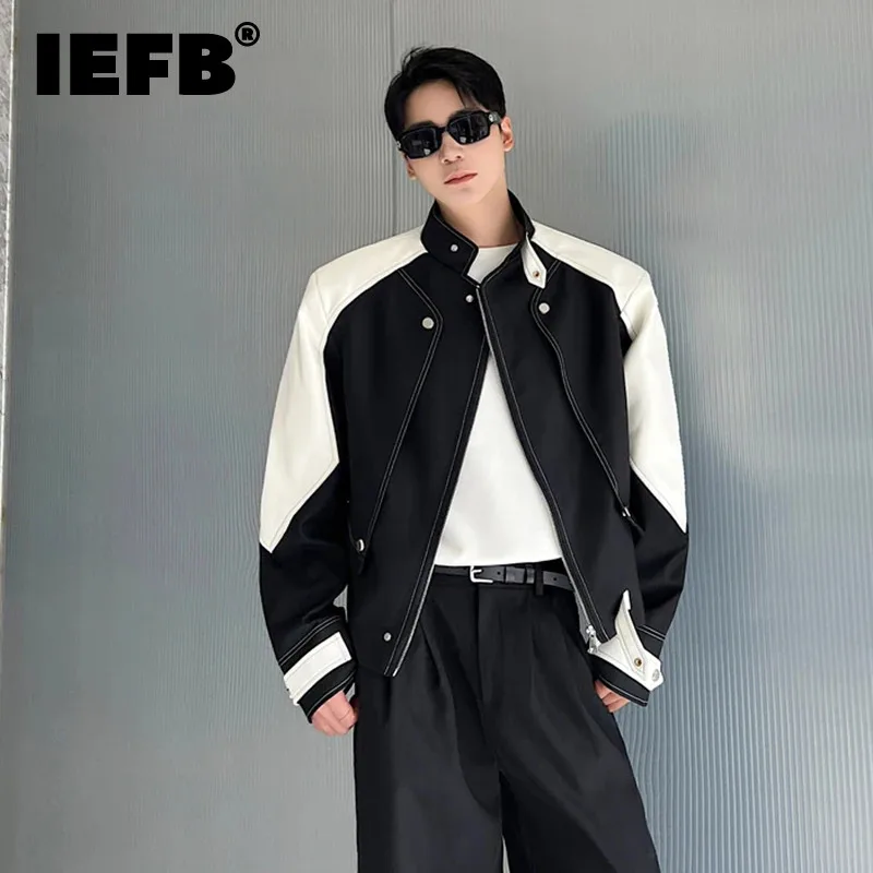 

IEFB Trend Men's Jackets Korean Style Leather Spliced Stand Collar Outerwear 2023 New Male Streetwear Fashion Clothing 9C3361