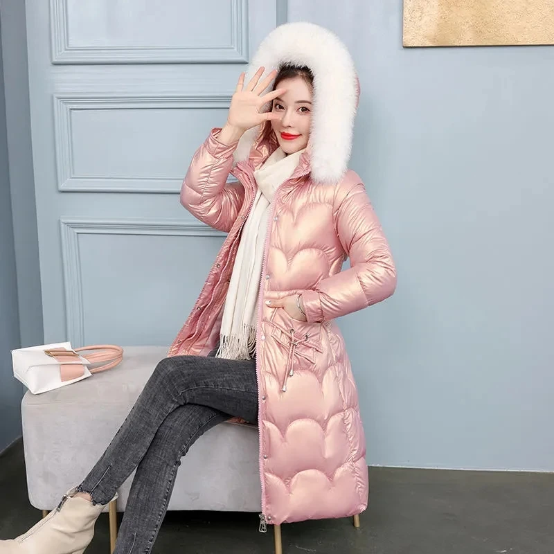 2022 Winter New Wash-Free Shiny Down Cotton Padded Jacket Women's  Waist Slim Padded Jacket Big Fur Collar Parka Long Down Pink